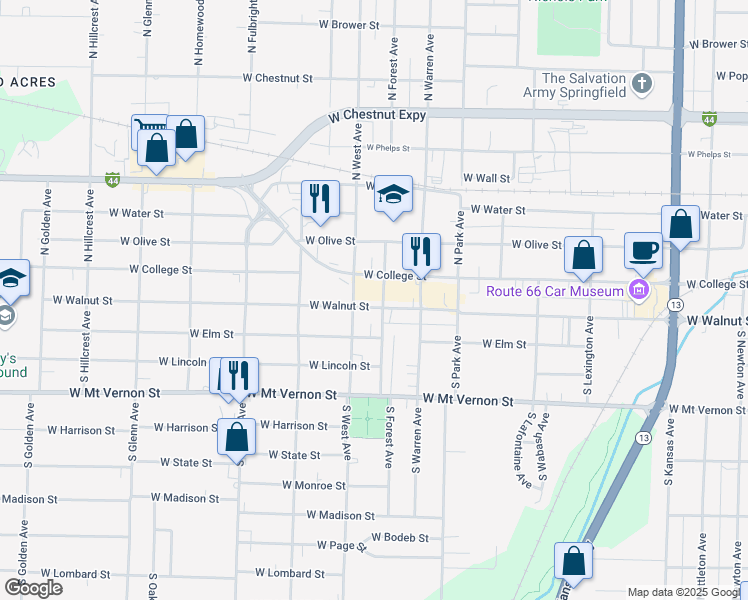 map of restaurants, bars, coffee shops, grocery stores, and more near 2407 West Walnut Street in Springfield