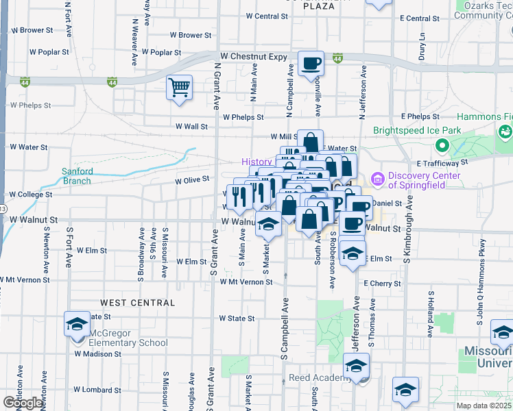 map of restaurants, bars, coffee shops, grocery stores, and more near 515 West McDaniel Street in Springfield