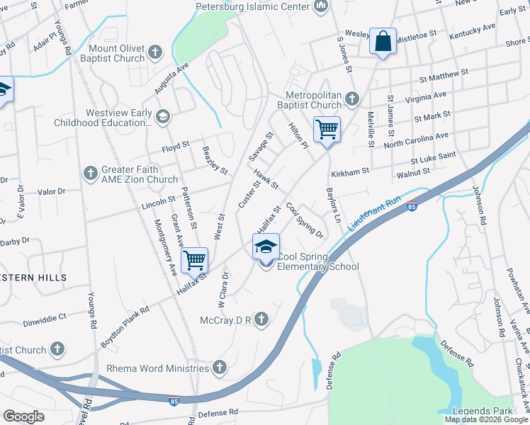 map of restaurants, bars, coffee shops, grocery stores, and more near 1465 Halifax Street in Petersburg
