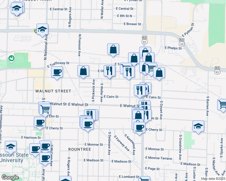 map of restaurants, bars, coffee shops, grocery stores, and more near 1627 East Cairo Street in Springfield