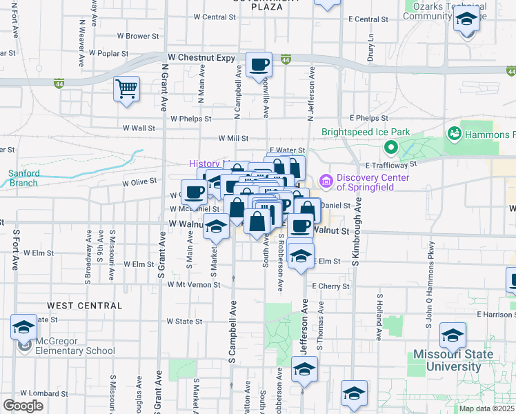 map of restaurants, bars, coffee shops, grocery stores, and more near in Springfield