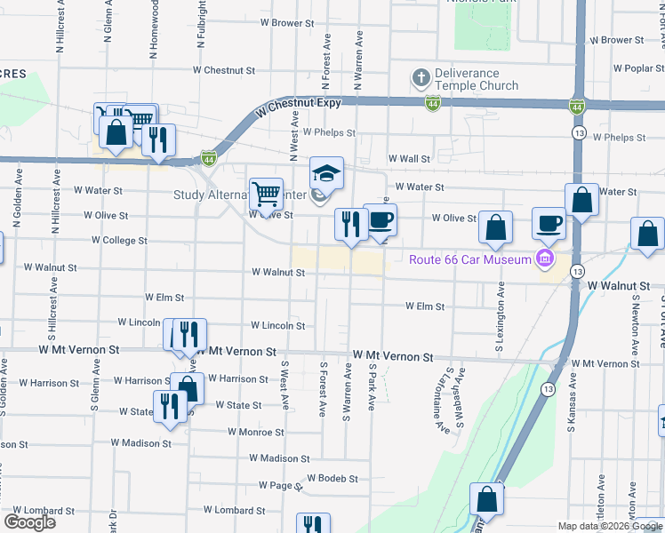 map of restaurants, bars, coffee shops, grocery stores, and more near 2322 West Walnut Street in Springfield