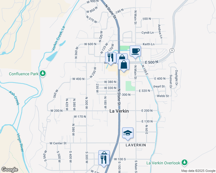 map of restaurants, bars, coffee shops, grocery stores, and more near 160 West 330 North in La Verkin