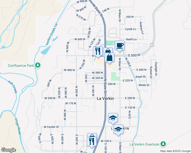 map of restaurants, bars, coffee shops, grocery stores, and more near 160 West 330 North in La Verkin