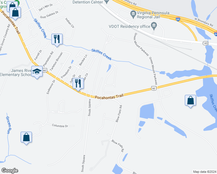 map of restaurants, bars, coffee shops, grocery stores, and more near 1602 Skiffes Creek Circle in Williamsburg