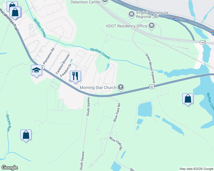 map of restaurants, bars, coffee shops, grocery stores, and more near 1509 Creek Court in Williamsburg