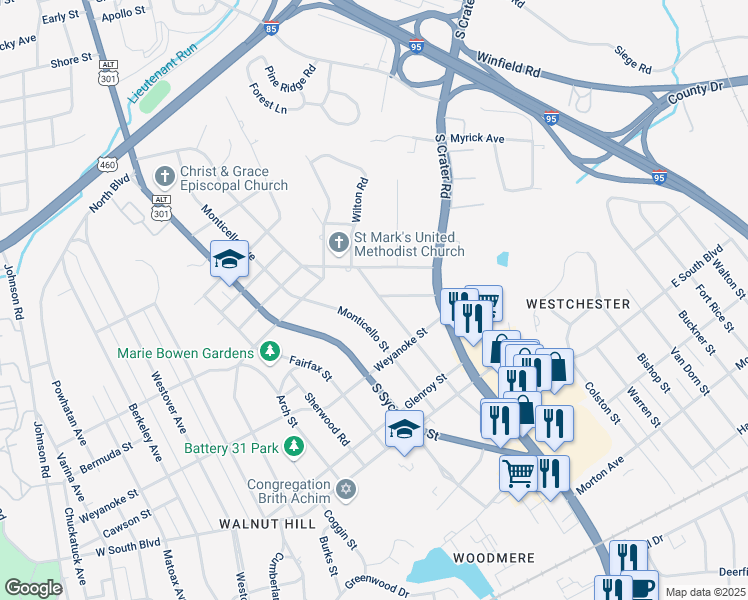 map of restaurants, bars, coffee shops, grocery stores, and more near 1744 Oakland Street in Petersburg