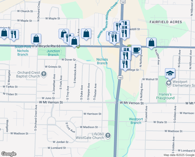 map of restaurants, bars, coffee shops, grocery stores, and more near 322 South Dexter Avenue in Springfield