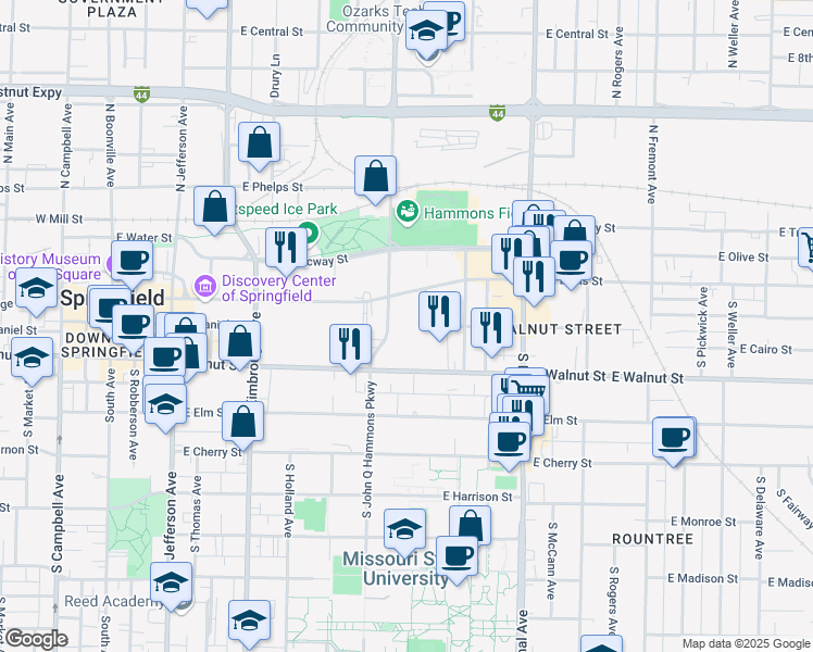 map of restaurants, bars, coffee shops, grocery stores, and more near 300 South John Q Hammons Parkway in Springfield