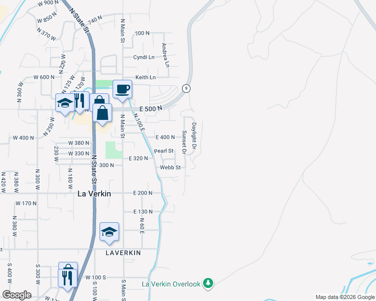 map of restaurants, bars, coffee shops, grocery stores, and more near 366 North 200 East in La Verkin