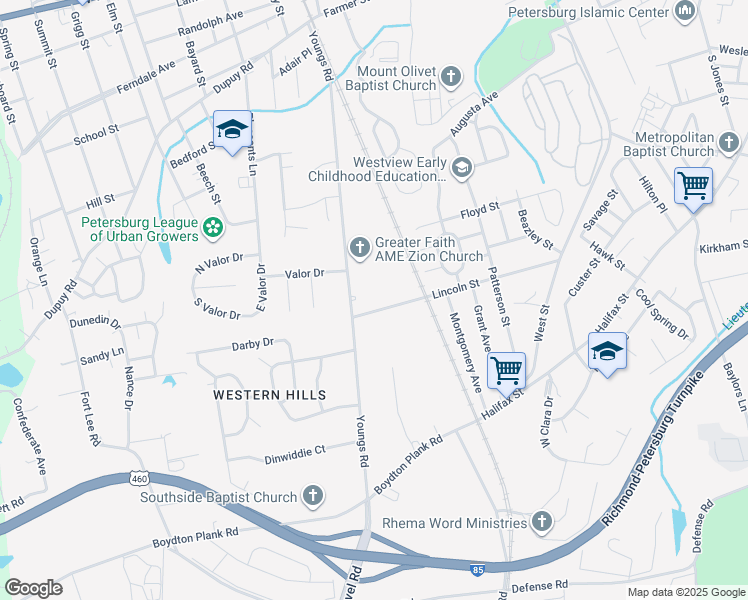 map of restaurants, bars, coffee shops, grocery stores, and more near 1660 Lincoln Street in Petersburg