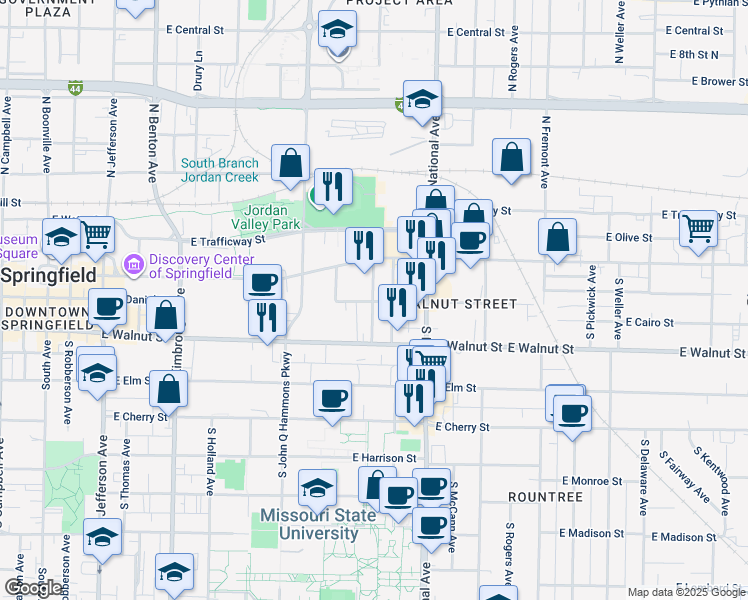 map of restaurants, bars, coffee shops, grocery stores, and more near 319 South Hampton Avenue in Springfield