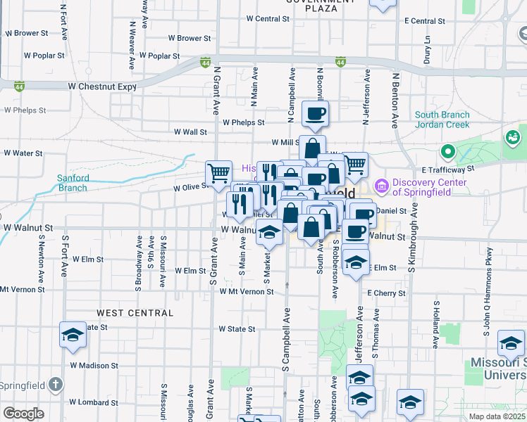 map of restaurants, bars, coffee shops, grocery stores, and more near 431 West Walnut Street in Springfield