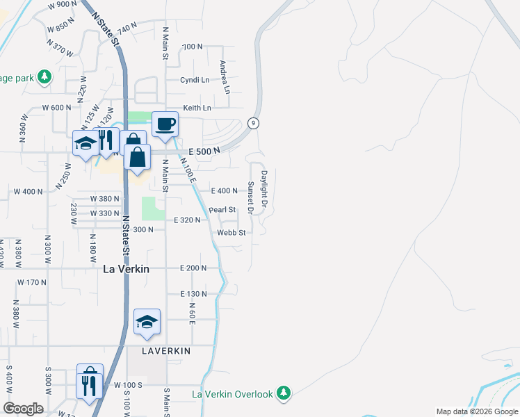 map of restaurants, bars, coffee shops, grocery stores, and more near 347 North 250 West in La Verkin