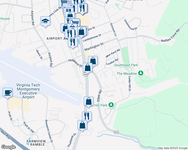 map of restaurants, bars, coffee shops, grocery stores, and more near 108 Ellett Road in Blacksburg