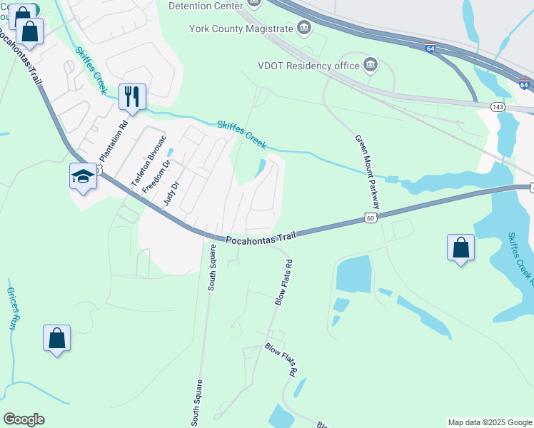 map of restaurants, bars, coffee shops, grocery stores, and more near 1612 Skiffes Creek Circle in Williamsburg