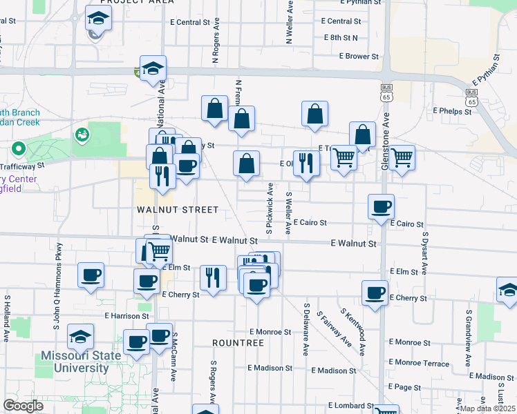 map of restaurants, bars, coffee shops, grocery stores, and more near 1429 East Cairo Street in Springfield