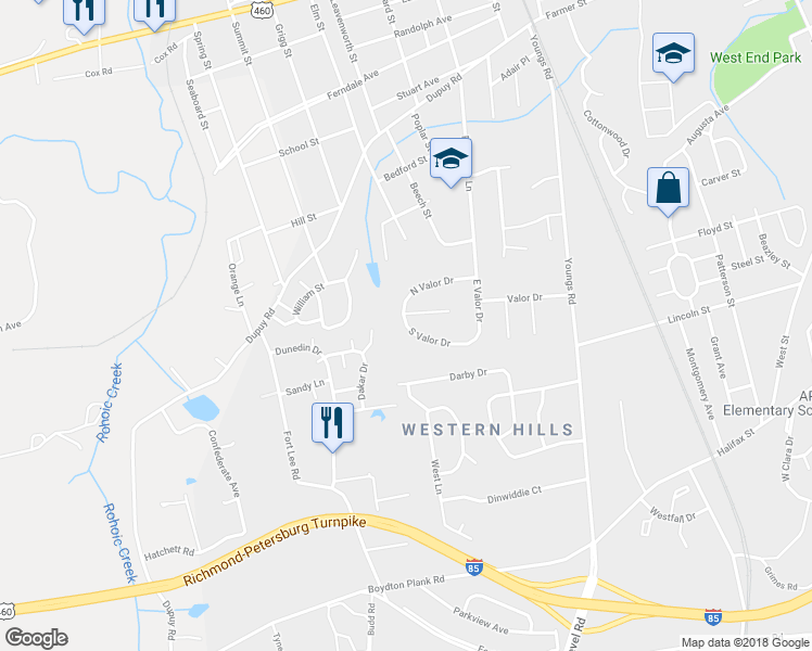 map of restaurants, bars, coffee shops, grocery stores, and more near 1678 South Valor Drive in Petersburg