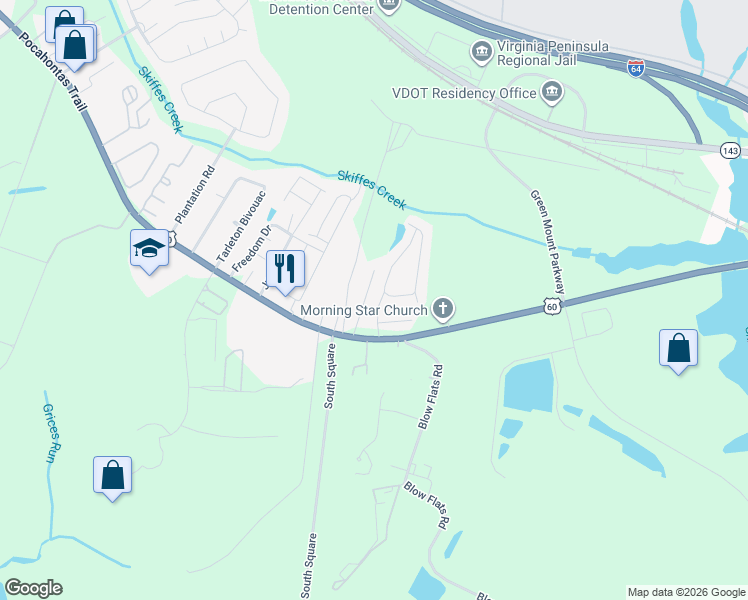 map of restaurants, bars, coffee shops, grocery stores, and more near 1509 Creek Court in Williamsburg