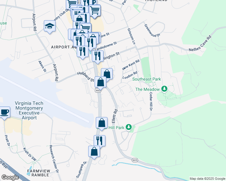 map of restaurants, bars, coffee shops, grocery stores, and more near 200 Fairfax Road in Blacksburg