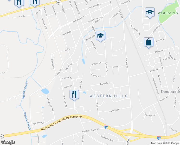 map of restaurants, bars, coffee shops, grocery stores, and more near 1680 South Valor Drive in Petersburg