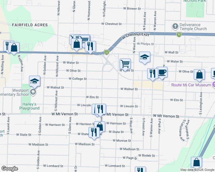 map of restaurants, bars, coffee shops, grocery stores, and more near 2646 West Walnut Street in Springfield
