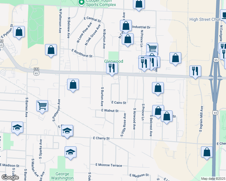 map of restaurants, bars, coffee shops, grocery stores, and more near 206 South Monte Vista Avenue in Springfield