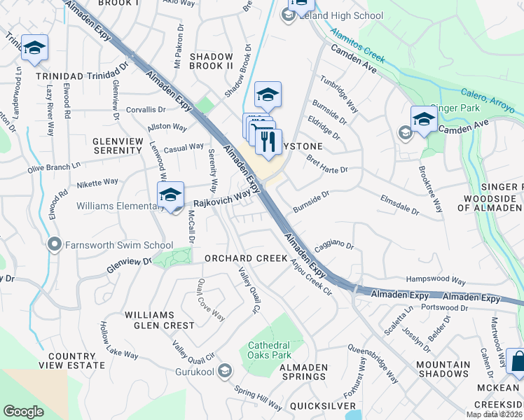 map of restaurants, bars, coffee shops, grocery stores, and more near 7024 Anjou Creek Circle in San Jose
