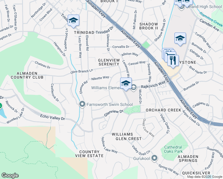 map of restaurants, bars, coffee shops, grocery stores, and more near 1204 Wilhelmina Way in San Jose