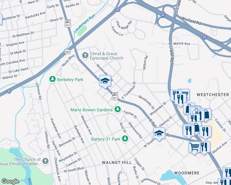 map of restaurants, bars, coffee shops, grocery stores, and more near 1700 South Sycamore Street in Petersburg