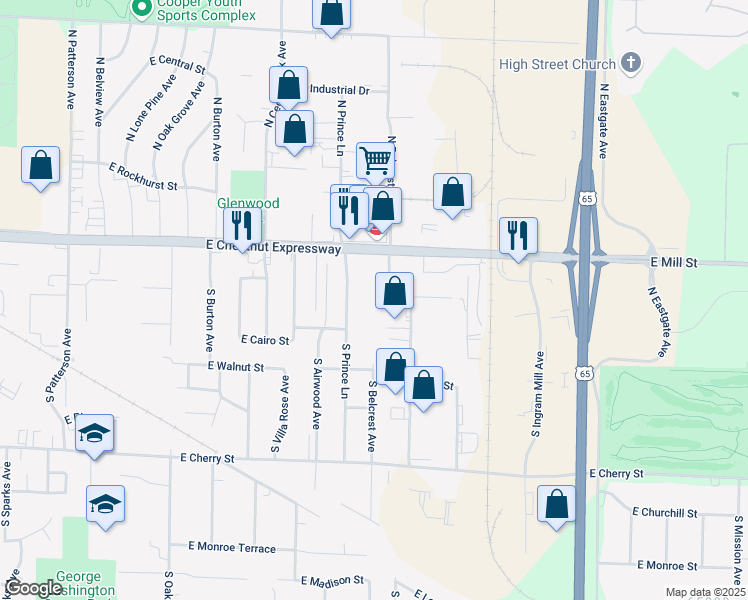 map of restaurants, bars, coffee shops, grocery stores, and more near 220 South Prince Lane in Springfield