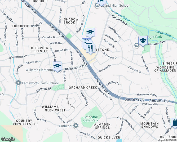 map of restaurants, bars, coffee shops, grocery stores, and more near 7024 Anjou Creek Circle in San Jose