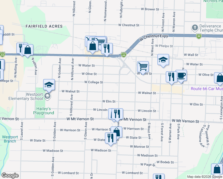 map of restaurants, bars, coffee shops, grocery stores, and more near 2724 West Walnut Street in Springfield