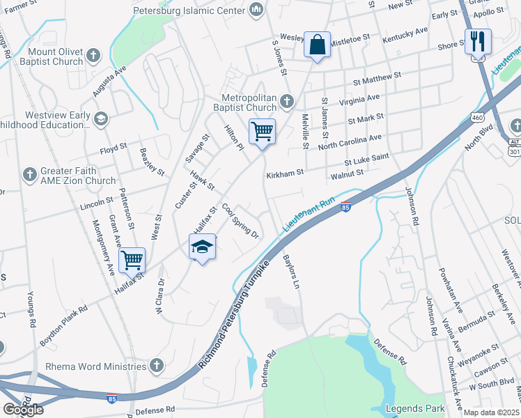 map of restaurants, bars, coffee shops, grocery stores, and more near 917 Hillside Drive in Petersburg