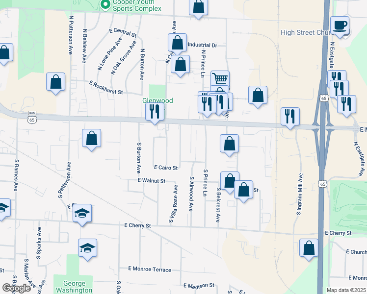 map of restaurants, bars, coffee shops, grocery stores, and more near 204 North Ken Avenue in Springfield