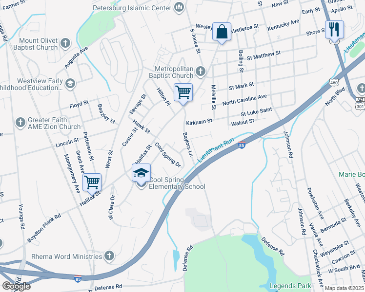 map of restaurants, bars, coffee shops, grocery stores, and more near 940 Weaver Avenue in Petersburg