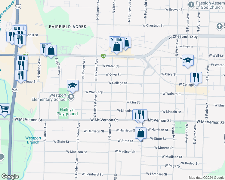 map of restaurants, bars, coffee shops, grocery stores, and more near 2855 West Walnut Street in Springfield