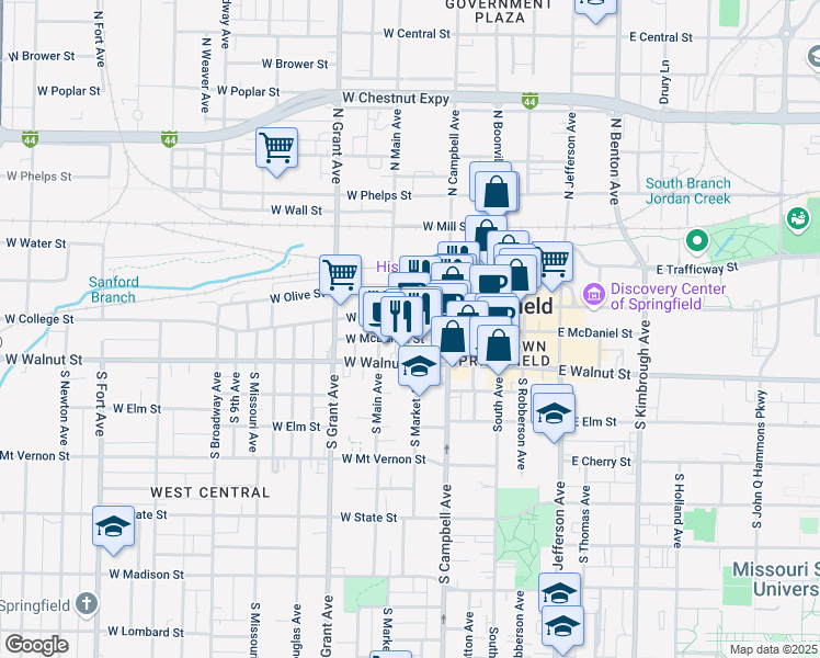 map of restaurants, bars, coffee shops, grocery stores, and more near 211 South Market Avenue in Springfield