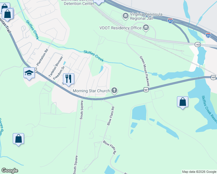 map of restaurants, bars, coffee shops, grocery stores, and more near 1646 Skiffes Creek Circle in Williamsburg