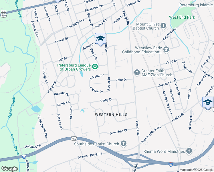 map of restaurants, bars, coffee shops, grocery stores, and more near 1625 Delmar Avenue in Petersburg