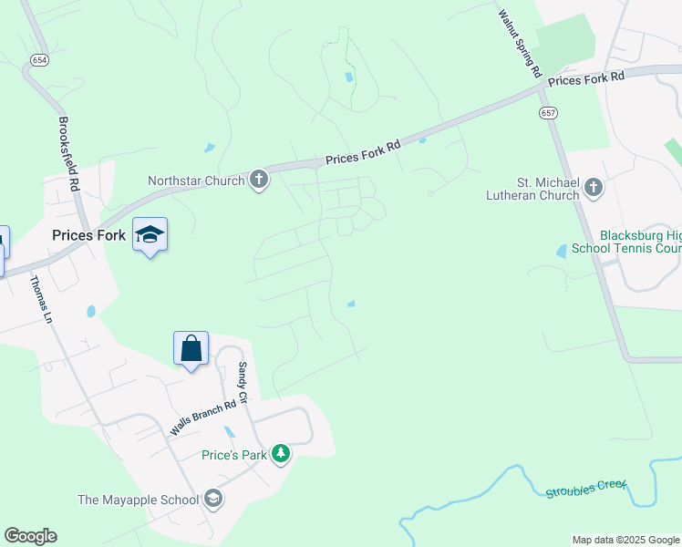 map of restaurants, bars, coffee shops, grocery stores, and more near 3871 Prices Fork Road in Blacksburg