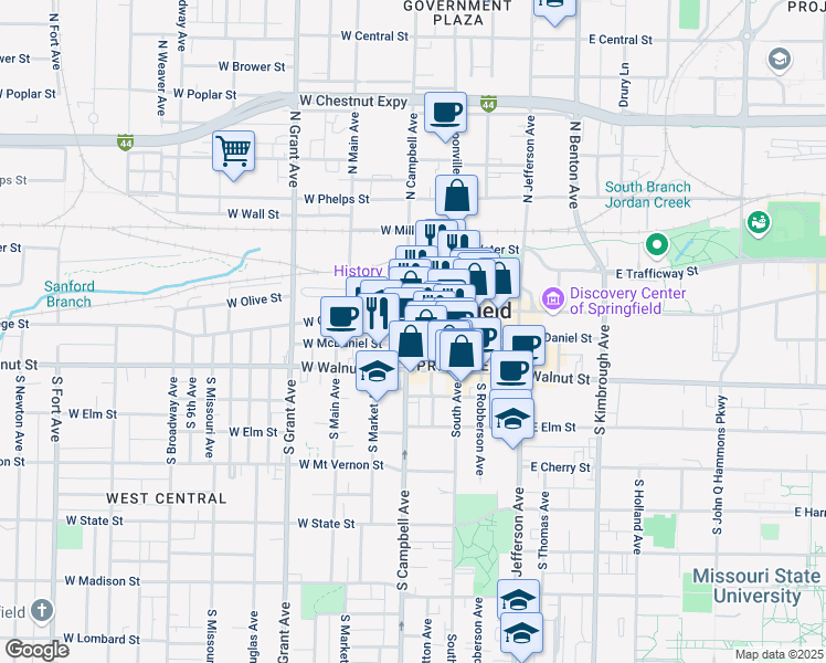 map of restaurants, bars, coffee shops, grocery stores, and more near 320 Park Central West in Springfield
