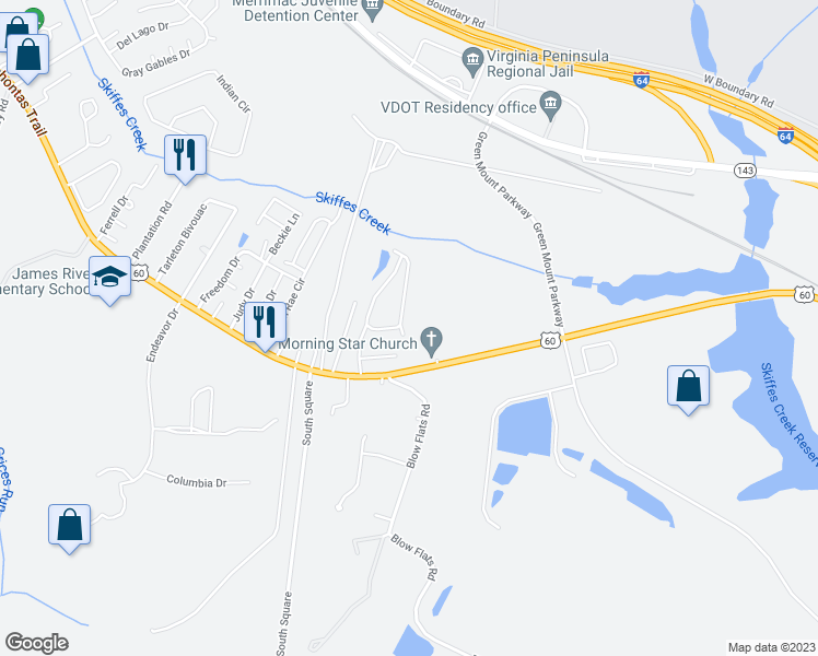 map of restaurants, bars, coffee shops, grocery stores, and more near 1628 Angel Court in Williamsburg