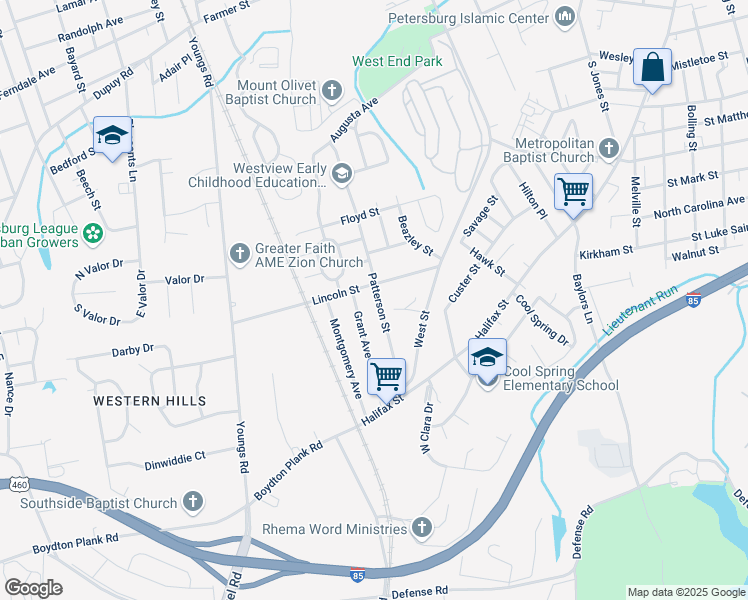 map of restaurants, bars, coffee shops, grocery stores, and more near 1210 Patterson Street in Petersburg