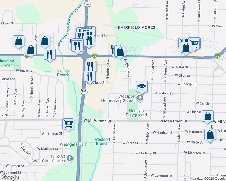 map of restaurants, bars, coffee shops, grocery stores, and more near 301-399 South Ivy Circle in Springfield