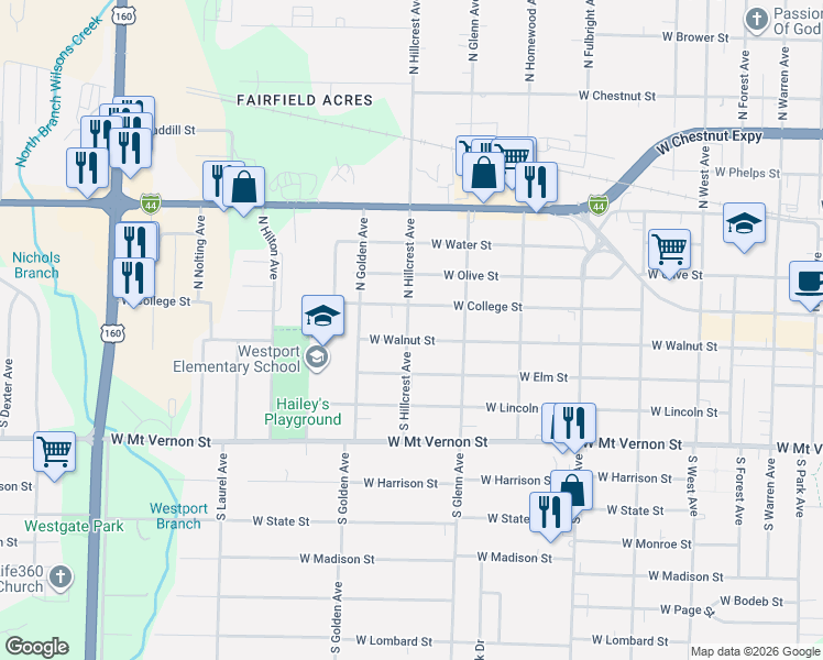 map of restaurants, bars, coffee shops, grocery stores, and more near 3000 West College Street in Springfield