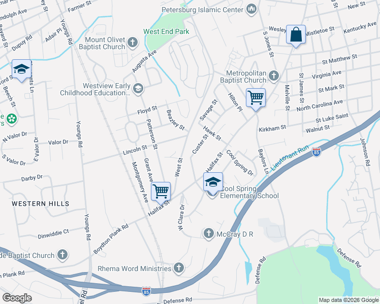 map of restaurants, bars, coffee shops, grocery stores, and more near 1311 Lincoln Street in Petersburg