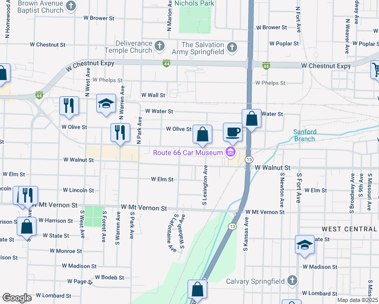 map of restaurants, bars, coffee shops, grocery stores, and more near 1812 West College Street in Springfield