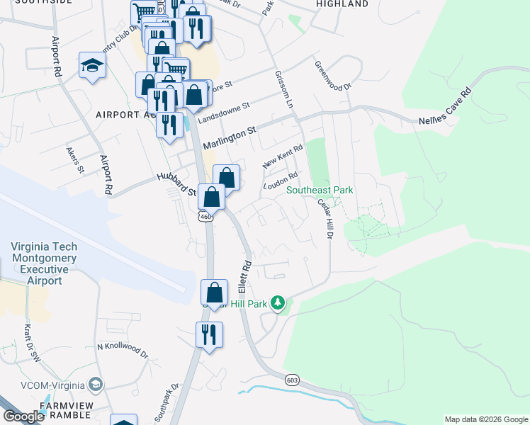 map of restaurants, bars, coffee shops, grocery stores, and more near 304 Loudon Road in Blacksburg
