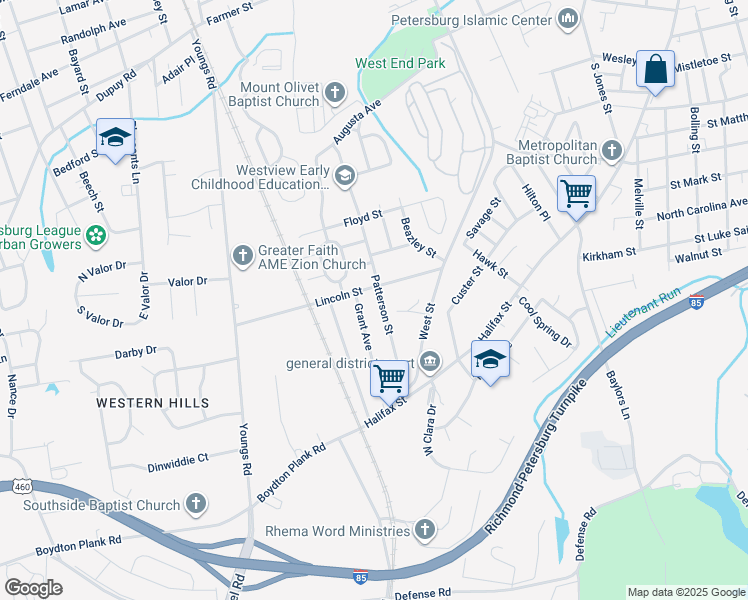 map of restaurants, bars, coffee shops, grocery stores, and more near 1208 Patterson Street in Petersburg